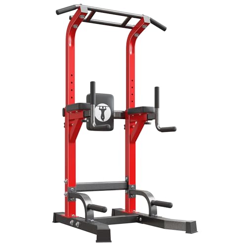 soges Power Tower Pull Up Bar Dip Station, All in One Free Standing Pull Up Bar for Home Gym with 7-Level Height Adjustable, Multi-Function Power Racks Strength Training Equipment, 330 lbs Capacity - color: Red