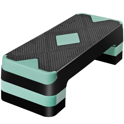 JupiterForce 26.5" Height Adjustable Step Aerobic Platform with 4 Risers, Exercise Workout Stepper for Home Training, Gym Fitness, 4''- 6'' - 8'', 400 lbs Capacity - color: Green