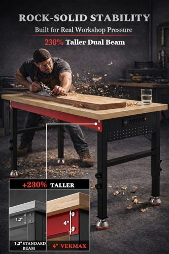 70" Heavy Duty Workbench, 2500 LBS Load Capacity Work Bench with 1.2" Laminated Wood Top & Reinforced Steel Frame, Adjustable Height Work Table for Garage, Workshop, Office, Home (Feet) - size: 70"丨Feet