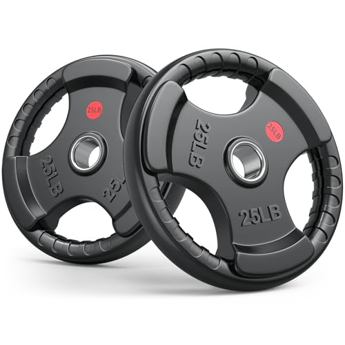 Gikpal Olympic Weight Plates, 2-Inch Three-Grip Rubber Coated Barbell Plates with Steel Hub, Cast Iron Weights for Strength Training & Home Gym, Pair or Sets (2.5–45LB) - style: 2 X 25LBS