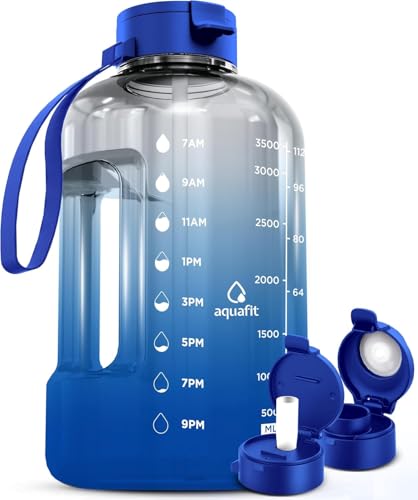 AQUAFIT 1 Gallon Water Bottle with Time Marker | BPA Free 128 oz Water Bottle with Straw and Chug Lids - Leakproof Gym Water Bottle with Carry Handle (Blue Skies) - color: Blue Skies, style: 128 oz - 2 Lids