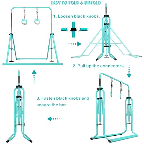 Folding Gymnastics Bar with Rings, Foldable Kip Bar with Sturdier Base, Training Bar for Kids Ages 3-10, Horizontal Bar, Home Gym Equipment for Boy Girl - color: Teal, style: Foldable Bar