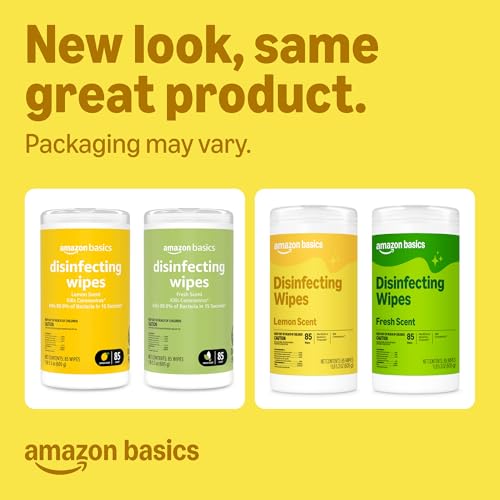 Amazon Basics Disinfecting Wipes, Lemon & Fresh Scent, Sanitizes, Cleans, Disinfects & Deodorizes, 255 Count (3 Packs of 85), Packaging May Vary - size: 85 Count (Pack of 3), style: 3 Pack--2 Lemon, 1 Fresh