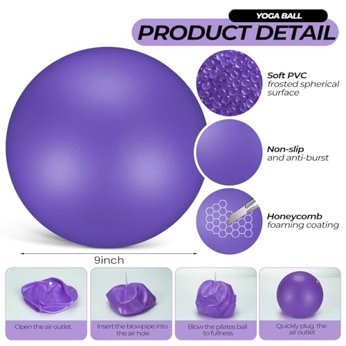Seenelling 18 Pcs Pilates Ring and Ball Set with Resistance Bands Home Workout Pilates Equipment 11.8 Inch Magic Circle with Padded Handles, Mini Ball for Strength, Toning and Flexibility - color: Purple