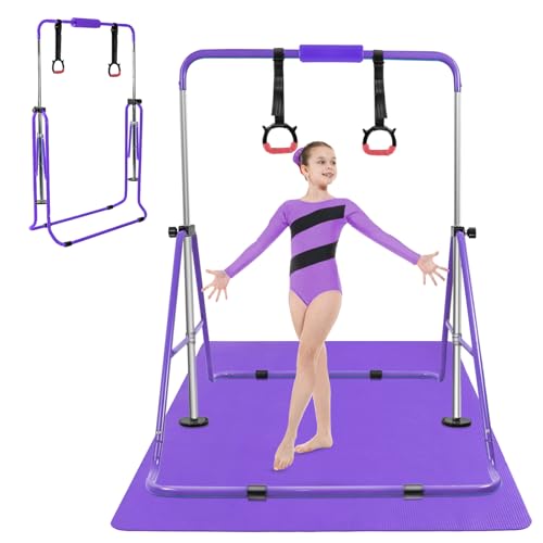 YEEGO DIRECT Gymnastics Bar for Girls Boys (A-G-E-S 3-10) with Rings, Folding Gymnastics Bars Horizontal Bar, Expandable for Home Training Gifts for Girls Boys - color: Purple & Black