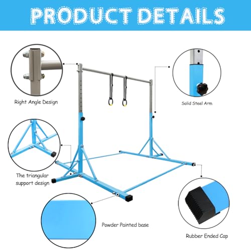 Gymnastics Bar for Kids Girls Ages 3-15 with Ring for Home Indoor Training Equipment- Steady Steel Construction, Anti-Slip, Easy to Assemble, 3' to 5' Adjustable Height - color: TEAL, size: 4.8FT, style: FOLDABLE BAR WITH RING