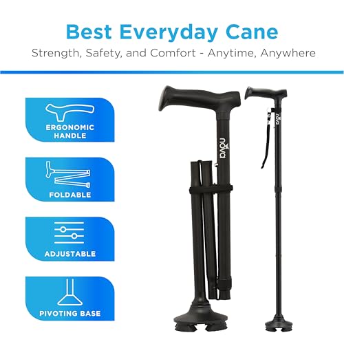 NOVA Foldable Quad Cane for Seniors, Self Standing Adjustable Walking Cane with Pivoting Quad Tip, Lightweight Collapsible Mobility Aid, Bonus Carry Pouch & Replacement Tips, Black - color: Midnight Black