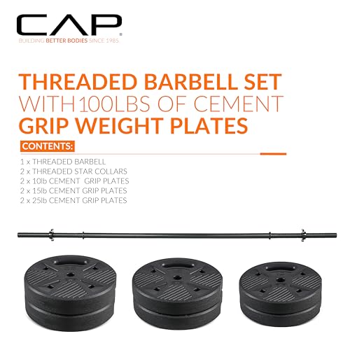 CAP Threaded Barbell Set with 100 LB Cement Grip Plates | 47" Threaded Bar, 25LB / 15LB / 10LB Grip Plates, Star Collars, Home Gym Weight Set for Strength Training