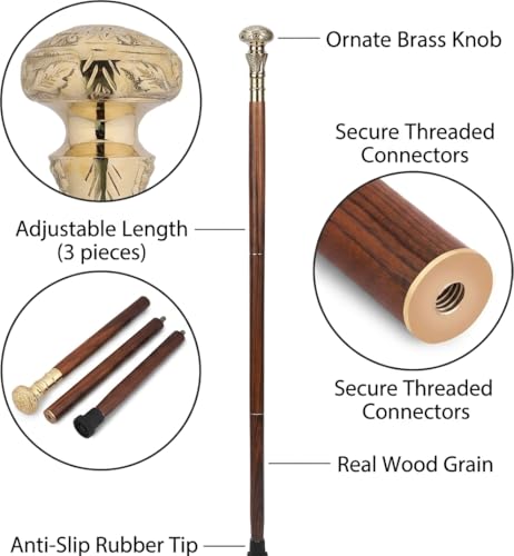 Ajuny Brass Handle Wooden Walking Stick for Men and Women - 36 inch | Antique Style Vintage Handmade Cane with Solid Brass Grip, Decorative Gift for Seniors, Gentlemen & Collectors