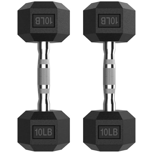 HANDBODE Hex Dumbbell Set of 2, Rubber Encased Fixed Dumbbells, 2.5-65 lb | Non-Slip Comfortable Handles, Hand Weights for Strength Training, Ideal for Home Gym Workouts - size: 10 lb, Pair, style: Chrome Handle