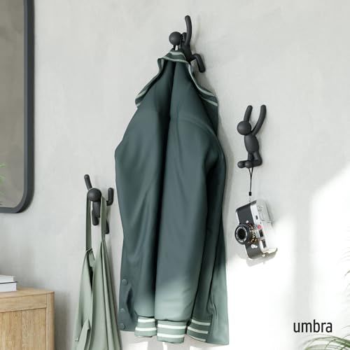 Umbra Buddy Wall Hooks, Decorative Wall Mount Coat Hooks, Set of 3, Black | Easy install with hardware, holds 5lbs per hook, entryway bedroom bathroom dorm, playful hanging storage, recycled plastic - color: Black