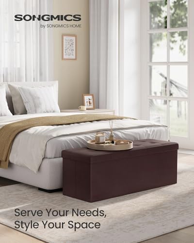 SONGMICS MAZIE Collection - 43 Inches Folding Storage Ottoman Bench, Ottoman with Storage, Foot Rest Stool, Load 660 lb, for Living Room, Synthetic Leather, Brown ULSF703 - color: Brown, size: 15"D x 43"W x 15"H