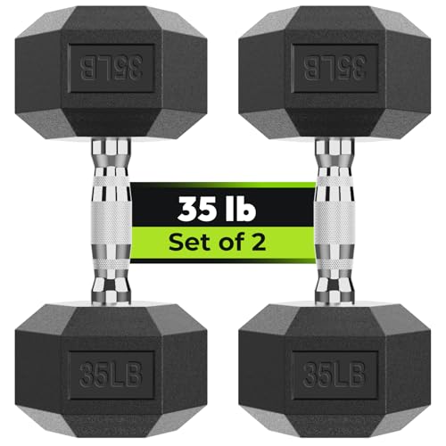 HANDBODE Hex Dumbbell Set of 2, Rubber Encased Fixed Dumbbells, 2.5-65 lb | Non-Slip Comfortable Handles, Hand Weights for Strength Training, Ideal for Home Gym Workouts - size: 35 lb, Pair, style: Chrome Handle