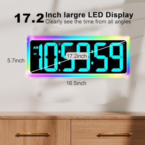 TXL 17.2" WiFi Digital Wall Clock with Seconds, Large Countdown Timer for Classroom Home Gym Office, Alarm Clock with Remote Control, RGB Ambient Lights, 4 Dimmable Brightness, Auto DST(Ice Blue) - color: Ice Blue
