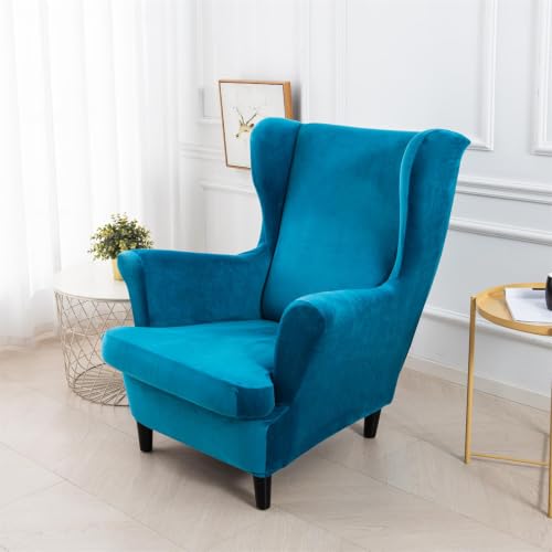 NILUOH Thick Velvet Wingback Chair Slipcovers 2-Piece, Stretch Wing Chair Covers Soft Sofa Slipcover Wing Back Armchair Cover Furniture Protector for Living Room - color: Cyan Blue