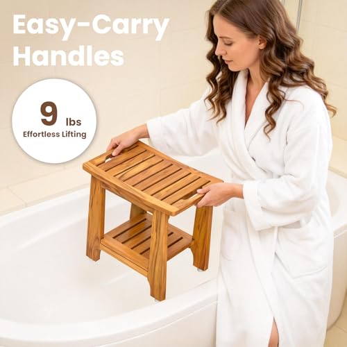 18" Standard Teak Shower Bench with Shelf & Handle - Waterproof, Non-Slip Bath Stool, 300 lbs Capacity - Fits Standard Tubs/Showers & Outdoor Use (Patented) - size: 18"W x 12" Dx 18"H