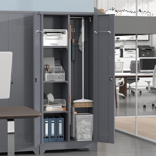 IRONFFICE Tall Storage Cabinet with Doors,Metal Garage Cabinet and Storage,Lockable Utility Closet Cabinets with Pegboard for Basement,Laundry Room,Grey - size: 15.74"D x 23.62"W x 65"H-Grey