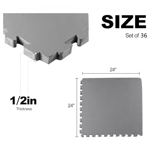 Elevon Puzzle Exercise Gym Flooring Mat, EVA Interlocking Foam Tiles Workout Mat for Home Gym, Fitness Equipment, MMA, Gymnastics, Shock-Absorbing Exercise Mat, Multi-Color - color: Grey, style: 1/2"Th, 36 Tiles (144 Sq Ft)