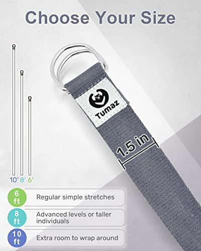 Tumaz Yoga Strap for Stretching with Adjustable D-Ring, 6/8/10 ft | Adjustable D-Ring | Soft Cotton Blend | 15+ Colors | Non-Elastic Yoga Belt for Pilates Stretching & Physical Therapy - color: 12. Gray, size: 8 Feet (with Storage Band)