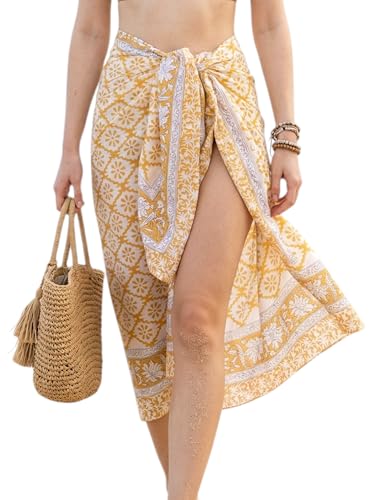 Beach Cover Ups for Women, Cotton Sarong Wrap Pareo | 100% Cotton Sarong Wraps For Women, 73 x 44 In. Pareo Beach Wrap, Bikini Cover Up, Bathing Suit Cover Up, Resort Wear - color: California Gold