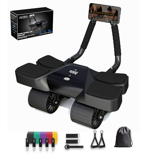 Ab Roller Home Gym Equipment – 4 Wheels Ab Wheel Muscle Roller with Built-in Tracker , 5Pcs Resistance Bands, Ankle Straps, Door Anchor, Handles, Travel Bag – Comfortable Elbow Support with Non-Slip Handles - color: Black 13-In-1 Ab Roller