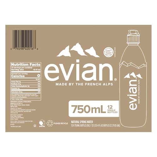 evian Natural Spring Water, 750 ml (25.36 fluid ounce) Water Bottle with Sports Cap, 12 Pack - size: 304.8 Fl Oz (Pack of 1)