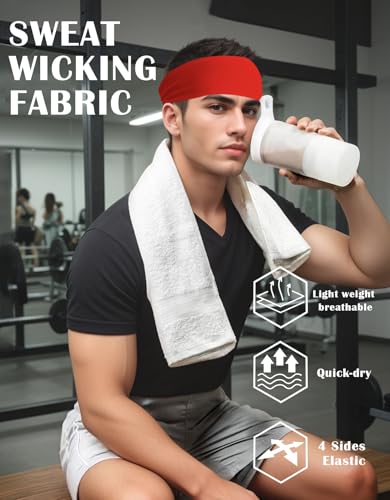 Headbands for Men & Women, Sweat Headband Non-Slip Sweatband Sports Running Cycling Yoga Basketball Workout Football Training - color: Red Pack