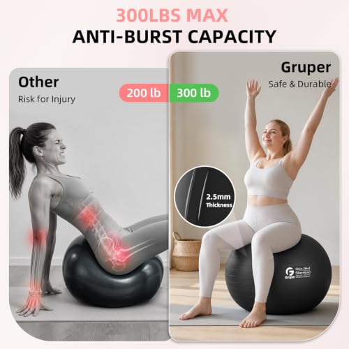 Gruper Exercise Ball, Extra Thick Yoga Ball for Working Out, Yoga & Pregnancy, 4 Sizes Anti-Burst Balance Ball with Foot Pump for Pilates, Physical Therapy & Fitness - color: black, size: S(18IN/45cm)