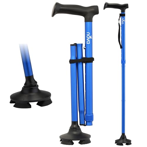 NOVA Foldable Quad Cane for Seniors, Self Standing Adjustable Walking Cane with Pivoting Quad Tip, Lightweight Collapsible Mobility Aid, Bonus Carry Pouch & Replacement Tips, Blue - color: Blue