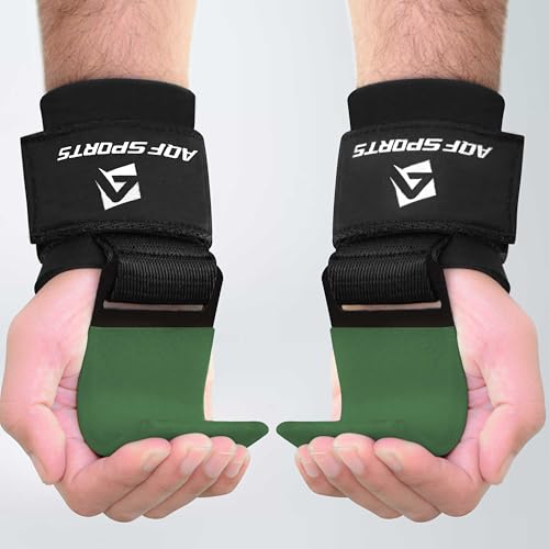 AQF Weight Lifting Hooks (Pair) - Neoprene Padded Wrist Strap for Deadlift - color: Military Green