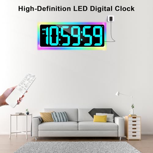 TXL 17.2" WiFi Digital Wall Clock with Seconds, Large Countdown Timer for Classroom Home Gym Office, Alarm Clock with Remote Control, RGB Ambient Lights, 4 Dimmable Brightness, Auto DST(Ice Blue) - color: Ice Blue