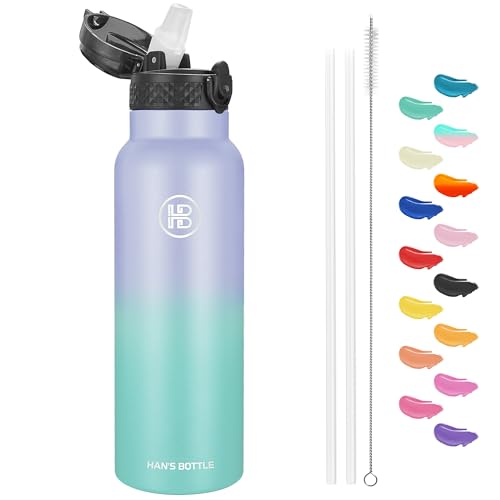 Han's Bottle Sports Water Bottle - 24 Oz, Straw Lid, Leak Proof, Vacuum Insulated Stainless Steel, Double Walled, Thermo Mug,Lilac green - color: Lilac green, size: 24 Ounces