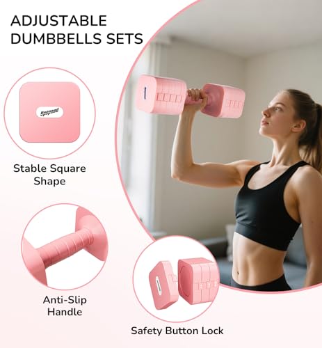 5-in-1 Adjustable Dumbbell Set for Women Men 10 lb Each | Dumbbells Set of 2, Free Weight Set at Home Gym, Locking/TPU Soft Handle for Exercise & Muscle Toning Weight Loss - color: Pink