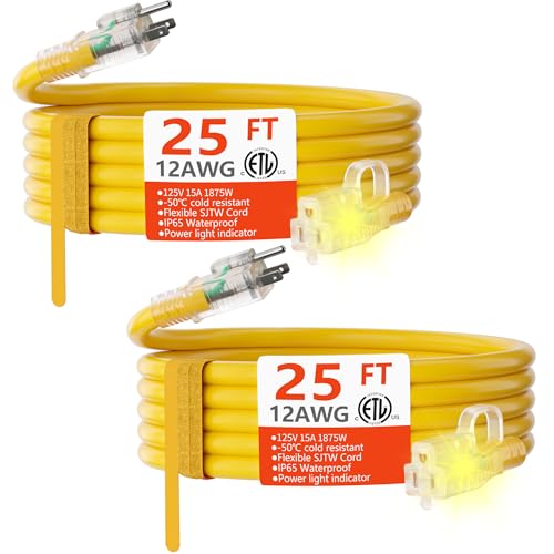 HUANCHAIN 12/3 25ft 2 Pack Heavy Duty Outdoor Extension Cord 25 ft Waterproof with Lighted end, Flexible Cold-Resistant 3 Prong Electric Cord Outside, 15Amp 1875W 12AWG SJTW, Yellow, ETL - color: Yellow, size: 25FT-2pcs
