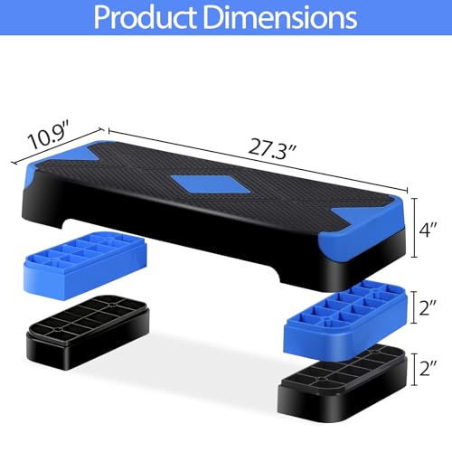 JupiterForce 26.5" Height Adjustable Step Aerobic Platform with 4 Risers, Exercise Workout Stepper for Home Training, Gym Fitness, 4''- 6'' - 8'', 400 lbs Capacity - color: Blue