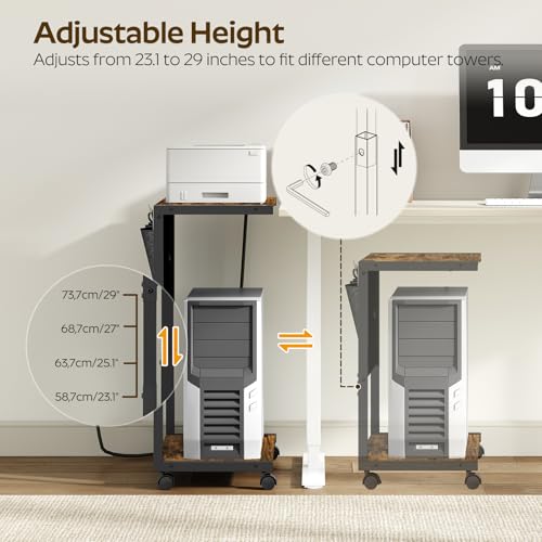 YATINEY PC Stand, Computer Tower Stand with Charging Station, Height Adjustable PC Tower Stand for Floor, 2 Tier Computer Cart On Wheels, 23.1"-29"H,19.7"L x 11"W, for Home Office, Rustic Brown CJ60BR - color: Rustic Brown + Black