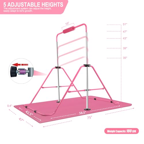 YEEGO DIRECT Gymnastics Bar for Girls Boys (A-G-E-S 3-10) with Rings, Folding Gymnastics Bars Horizontal Bar, Expandable for Home Training Gifts for Girls Boys - color: Pink & Black