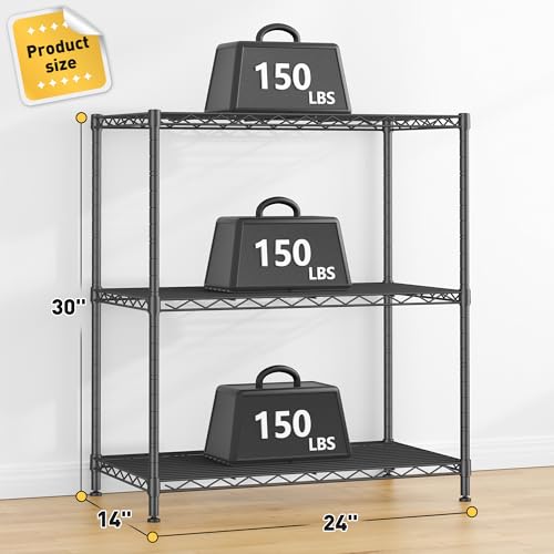 3 Tier Storage Shelves Metal Shelving Unit,Adjustable Wire Rack Pantry Kitchen Shelves,Small Shelf Wire Shelving for Laundry Office Bedroom Dorm Bathroom Closet 24" W x 30" H x 14" D Black Shelves - size: Black-24" W x 30" H x 14" D