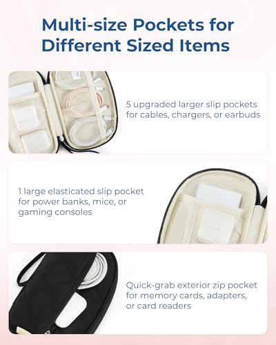 BAGSMART Travel Cord Organizer Electronics Case, Puffer Cable Organizer Bag Travel Essentials for Women, Small Tech Organizer Travel Case for Charger, Cable, Phone, Flash Drive Black - color: Single Layer Black