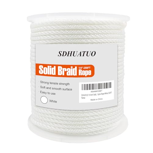 SDHUATUO 1/4 Inch Nylon Solid Braided Rope, 250FT Polyester Cord White | 1100 lbs, UV Resistant & Wearproof, Soft Flexible Rope for Swings, Camping Tent, Flagpole, Outdoor Twine, Dog Leashes - color: White, size: 1/4''-250ft