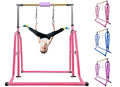 Foldable & Moveable Gymnastics Horizontal Bar with Rings,3’to 5’Adjustable Height Expandable Junior Kip Bar for Home,Indoor Gym Equipment for Kids - style: Foldable Light Pink with Rings