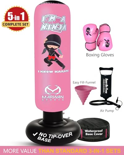Marwan Sports Ninja Kids Punching Bag — Inflatable Sensory Toy & Birthday Gift for Boys & Girls Ages 4-12, 63" Freestanding 5-in-1 Kit, Indoor Apartment-Quiet Sensory-Friendly Active Play - color: Pink
