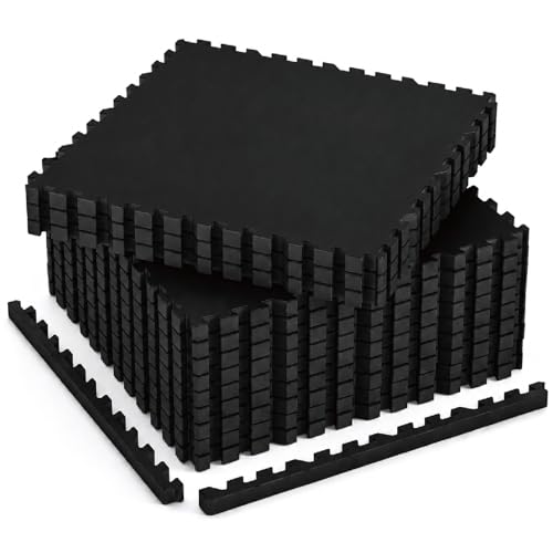 AIRHOP 1'' Ultra-Thick 48 Sq Ft Rubber Top Gym Flooring for Home Gym | 12 Tiles, High Density EVA Foam, Waterproof & Non-Slip Rubber, Interlocking Puzzle Mats, Heavy Duty Floor Protection, 24"x24" - color: Black, size: 48 Sq Ft (12 Tiles)