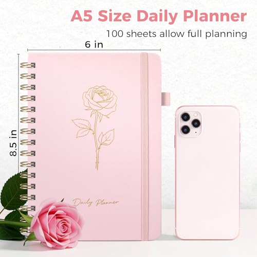 Oucaru Undated Daily Planner, A5 Spiral Notebook with Hourly Schedule, To Do List, Priorities, and Notes for Productivity - Easily Organize Your Tasks, Appointments & Goals for Women - size: A5-Pink, style: Daily Planner
