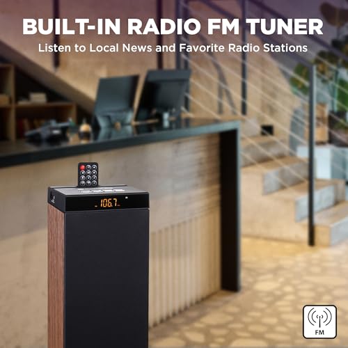 GOgroove Bluetooth Tower Speaker with Subwoofer Built in - Floorstanding Home Speaker with Powerful Bass and Dual Drivers, 120W Peak Power, MP3 3.5mm Aux, USB 2.0 Port Flash Drive, FM Radio (Walnut) - color: Brown