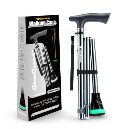 FORCEMECH GlowGuard Foldable Walking Cane for Men & Women, Adjustable Heavy Duty Cane with Glow Tip & Extra-Wide Tip - color: Gloss Gunmetal