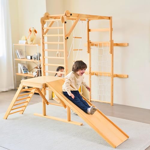 Avenlur Grove 8-in-1 Indoor Jungle Gym with Gymnastic Rings, Climbing Rope, Swing, Slide, Monkey Bars, Rope Wall Net, and Wooden and Rope Ladder - Jungle Play Set for Kids Ages 2-11 Years Old - color: Natural Wood