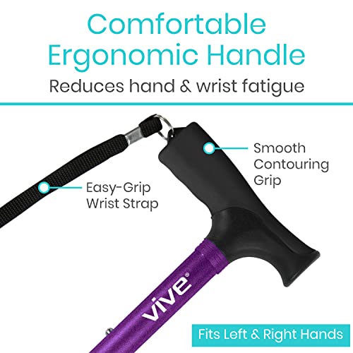 Vive Folding Cane - Foldable Walking Cane for Men, Women - Fold-up, Collapsible, Lightweight, Adjustable, Portable Hand Walking Stick - Balancing Mobility Aid - Sleek, Comfortable T Handles (Purple) - color: Purple