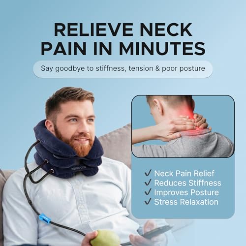 Inflatable Neck Stretcher for Neck Pain Relief, Cervical Traction Device with Hand Pump, 3-Layer Adjustable Neck Decompression Collar for Pinched Nerve, Stiff Neck & Tech Neck Support | Breathable Material - color: Midnight Navy Blue