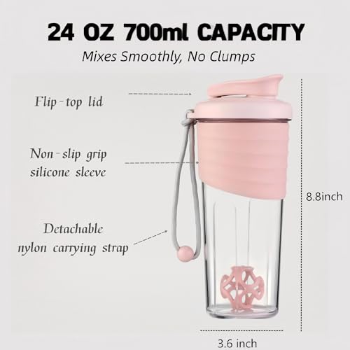 Shaker Bottle for Protein Mixes，24 oz，Protein Shaker Bottles with Whisk Ball, Mixer Bottle, Protein Bottle,Portable Pre Workout Whey Protein Drink Shaker Cup，Pink - color: Pink